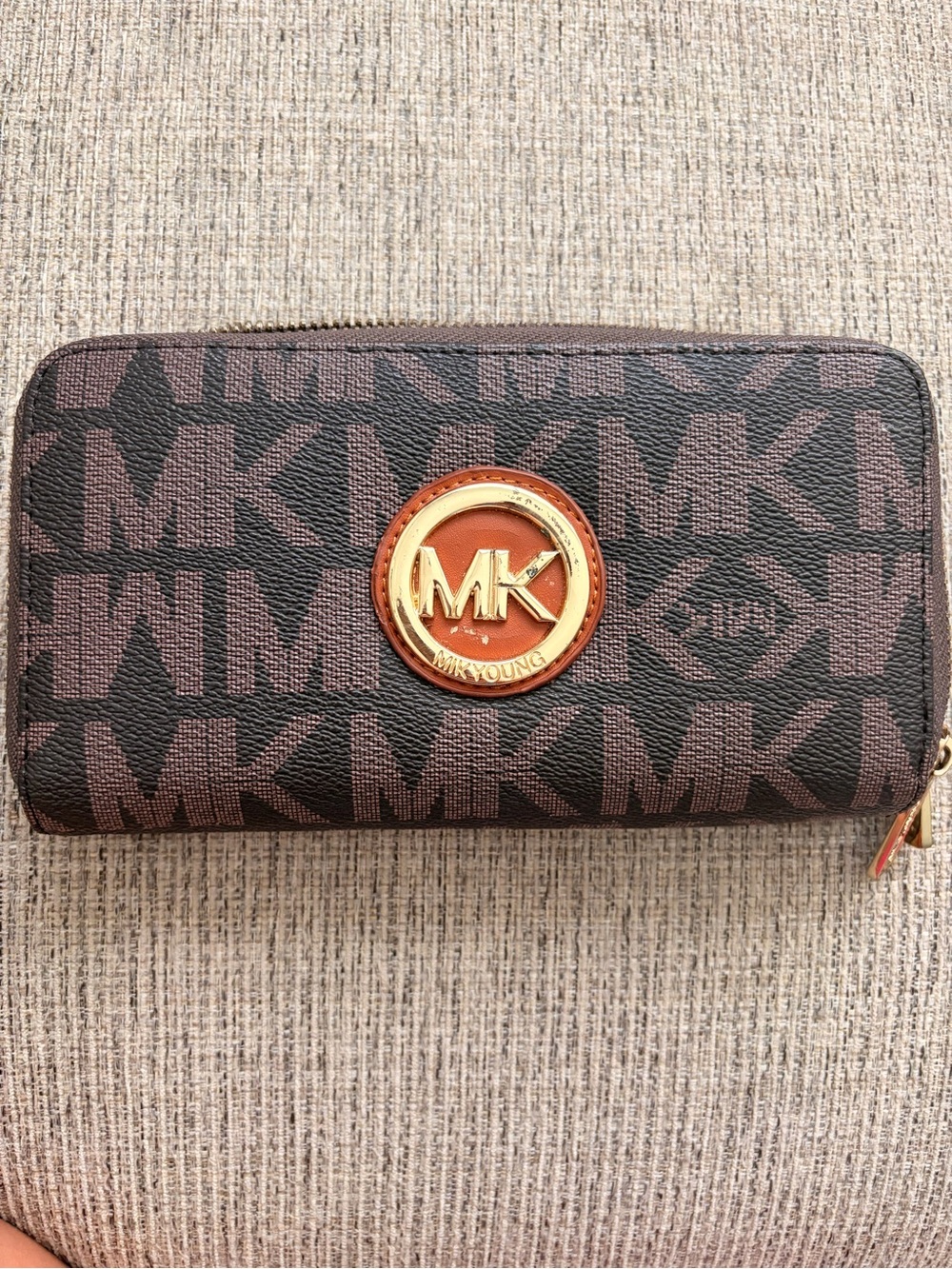 Michael Kors Brown and Black MK Signature Zip Wallet